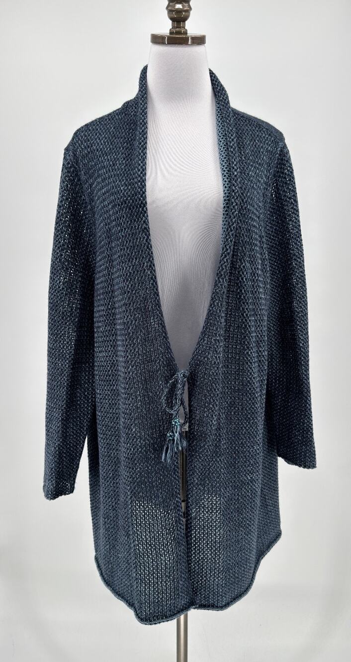 J. Jill Blue Gray Cotton Wool Blend Tassel Tie Knit Cardigan Sweater Sz 3X
